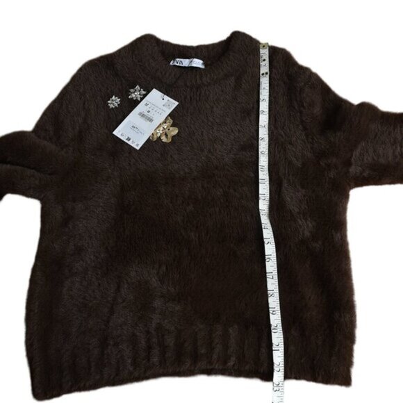 NWT Zara Faux Fur Knit Sweater w/ Brooches Brown Soft Size Medium - Picture 12 of 12